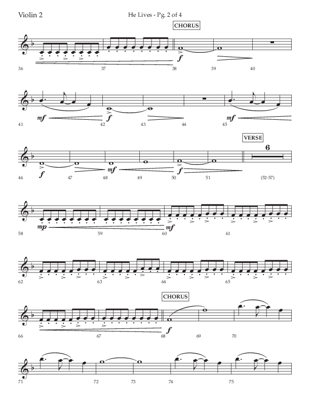 He Lives (Choral Anthem SATB) Violin 2 (Lifeway Choral / Arr. David Wise / Orch. David Shipps)