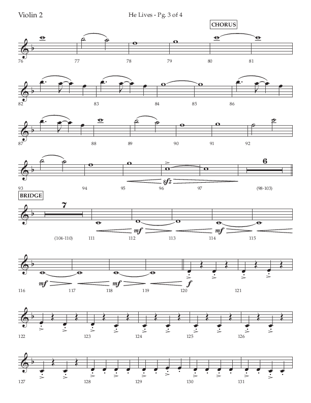 He Lives (Choral Anthem SATB) Violin 2 (Lifeway Choral / Arr. David Wise / Orch. David Shipps)