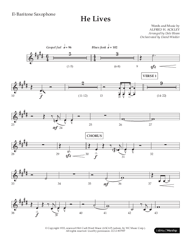 He Lives (Choral Anthem SATB) Bari Sax (Lifeway Choral / Arr. Dale Bleam)
