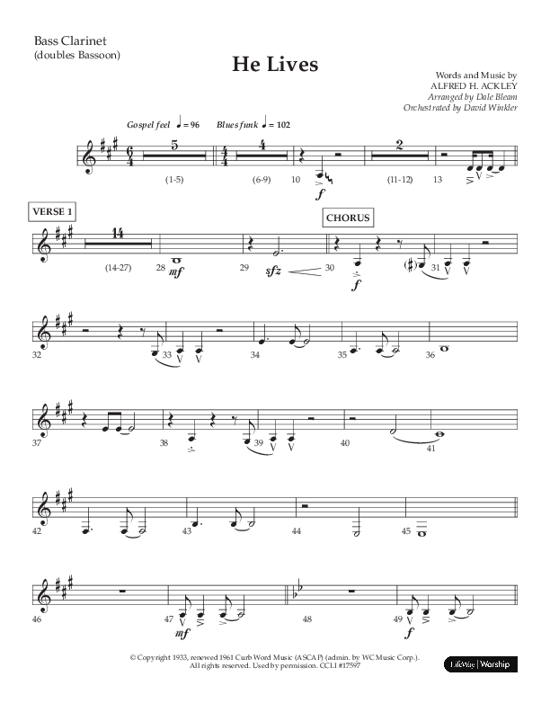 He Lives (Choral Anthem SATB) Bass Clarinet (Lifeway Choral / Arr. Dale Bleam)