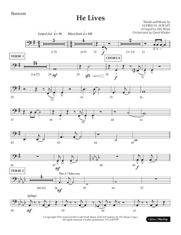 He Lives (Choral Anthem SATB) Bassoon (Lifeway Choral / Arr. Dale Bleam)