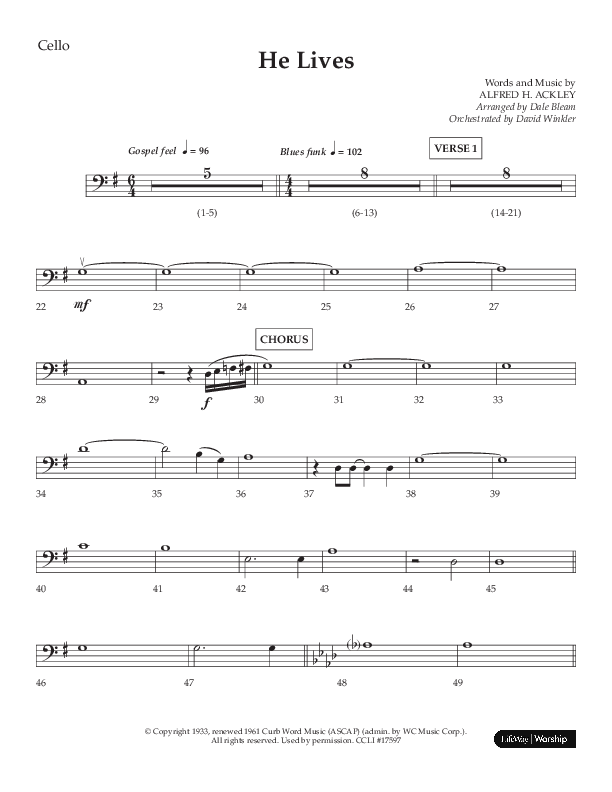 He Lives (Choral Anthem SATB) Cello (Lifeway Choral / Arr. Dale Bleam)