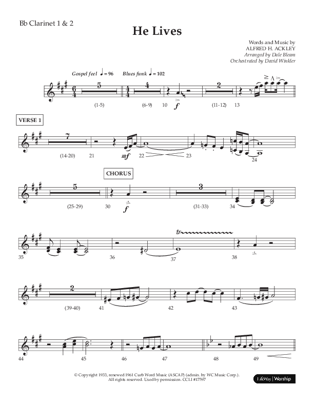 He Lives (Choral Anthem SATB) Clarinet 1/2 (Lifeway Choral / Arr. Dale Bleam)