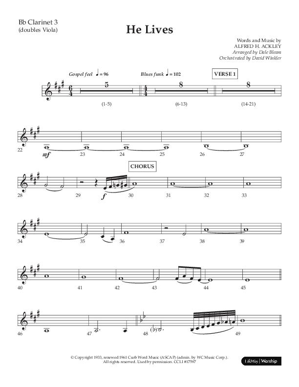 He Lives (Choral Anthem SATB) Clarinet 3 (Lifeway Choral / Arr. Dale Bleam)