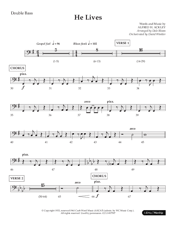 He Lives (Choral Anthem SATB) Double Bass (Lifeway Choral / Arr. Dale Bleam)