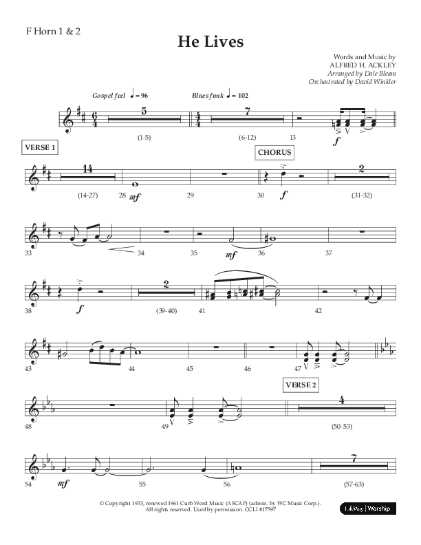 He Lives (Choral Anthem SATB) French Horn 1/2 (Lifeway Choral / Arr. Dale Bleam)