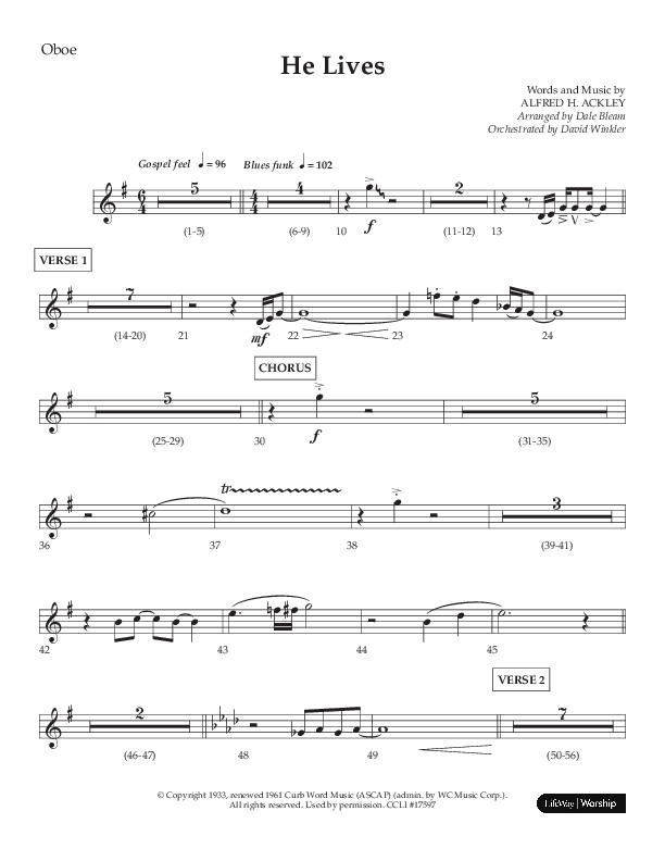 He Lives (Choral Anthem SATB) Oboe (Lifeway Choral / Arr. Dale Bleam)
