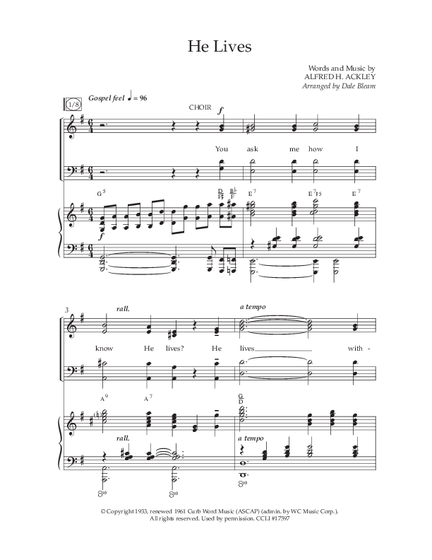 He Lives (Choral Anthem SATB) Anthem (SATB/Piano) (Lifeway Choral / Arr. Dale Bleam)