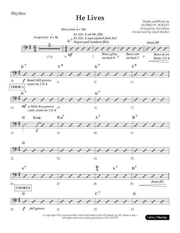 He Lives (Choral Anthem SATB) Rhythm Chart (Lifeway Choral / Arr. Dale Bleam)
