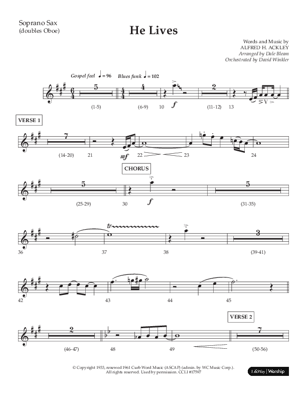 He Lives (Choral Anthem SATB) Soprano Sax (Lifeway Choral / Arr. Dale Bleam)