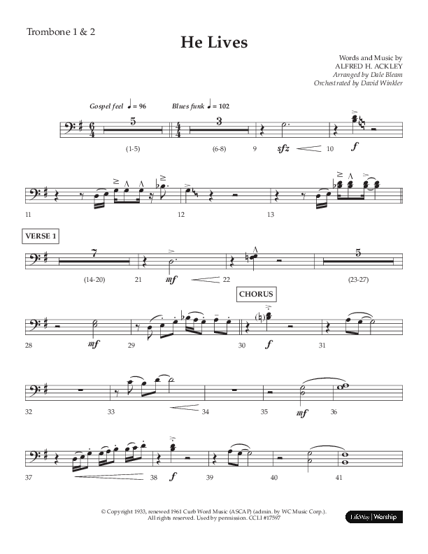 He Lives (Choral Anthem SATB) Trombone 1/2 (Lifeway Choral / Arr. Dale Bleam)