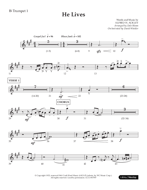 He Lives (Choral Anthem SATB) Trumpet 1 (Lifeway Choral / Arr. Dale Bleam)
