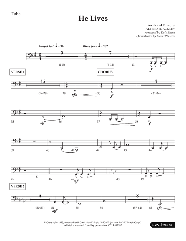 He Lives (Choral Anthem SATB) Tuba (Lifeway Choral / Arr. Dale Bleam)