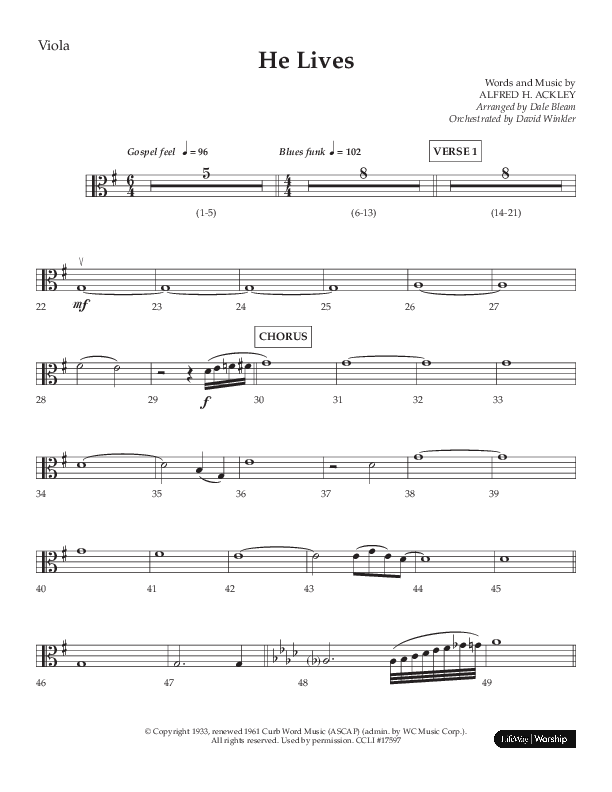 He Lives (Choral Anthem SATB) Viola (Lifeway Choral / Arr. Dale Bleam)