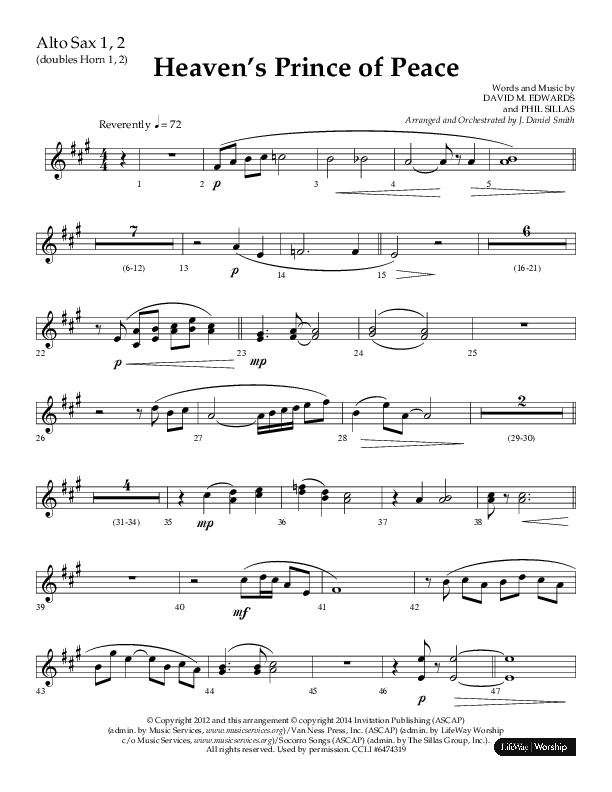 Heaven’s Prince of Peace (Choral Anthem SATB) Alto Sax 1/2 (Lifeway Choral / Arr. J. Daniel Smith)