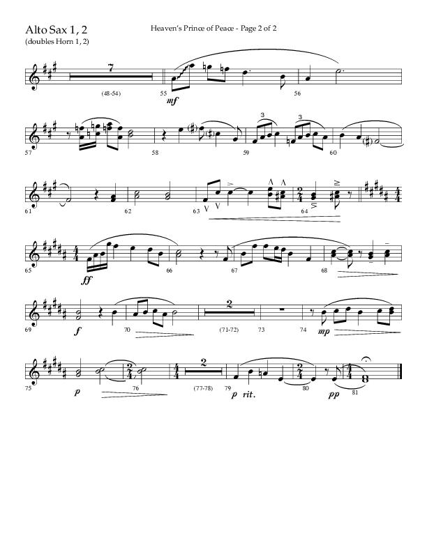 Heaven’s Prince of Peace (Choral Anthem SATB) Alto Sax 1/2 (Lifeway Choral / Arr. J. Daniel Smith)