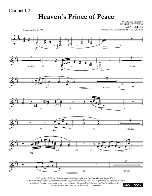 Heaven’s Prince of Peace (Choral Anthem SATB) Clarinet 1/2 (Lifeway Choral / Arr. J. Daniel Smith)