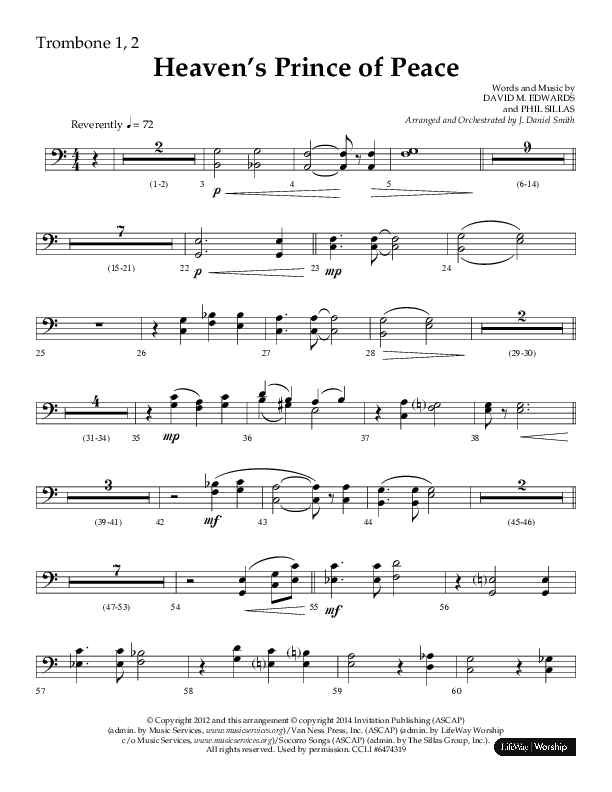 Heaven’s Prince of Peace (Choral Anthem SATB) Trombone 1/2 (Lifeway Choral / Arr. J. Daniel Smith)