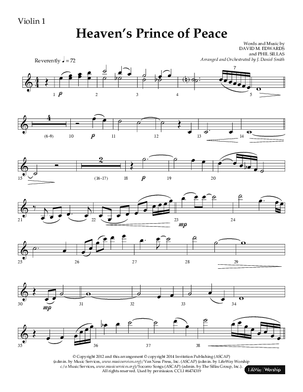 Heaven’s Prince of Peace (Choral Anthem SATB) Violin 1 (Lifeway Choral / Arr. J. Daniel Smith)