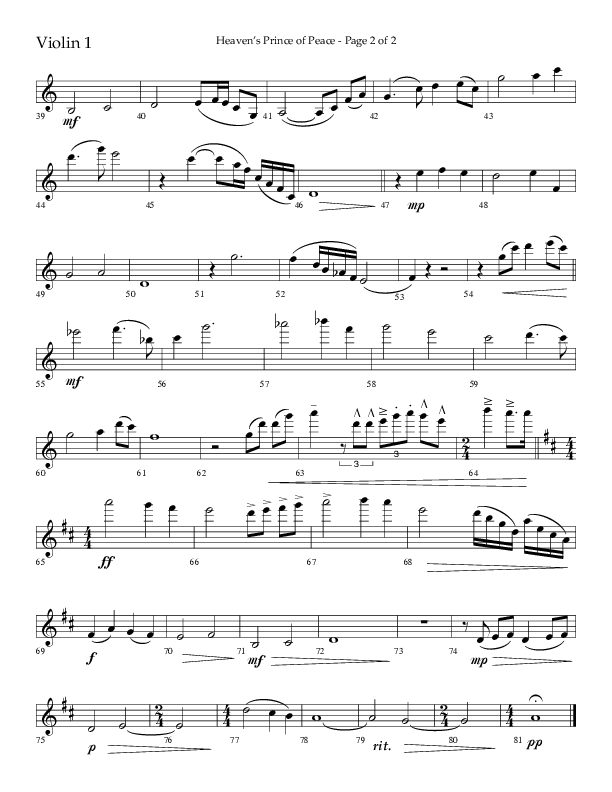Heaven’s Prince of Peace (Choral Anthem SATB) Violin 1 (Lifeway Choral / Arr. J. Daniel Smith)