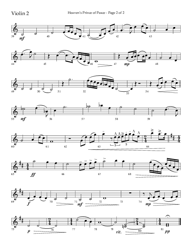 Heaven’s Prince of Peace (Choral Anthem SATB) Violin 2 (Lifeway Choral / Arr. J. Daniel Smith)