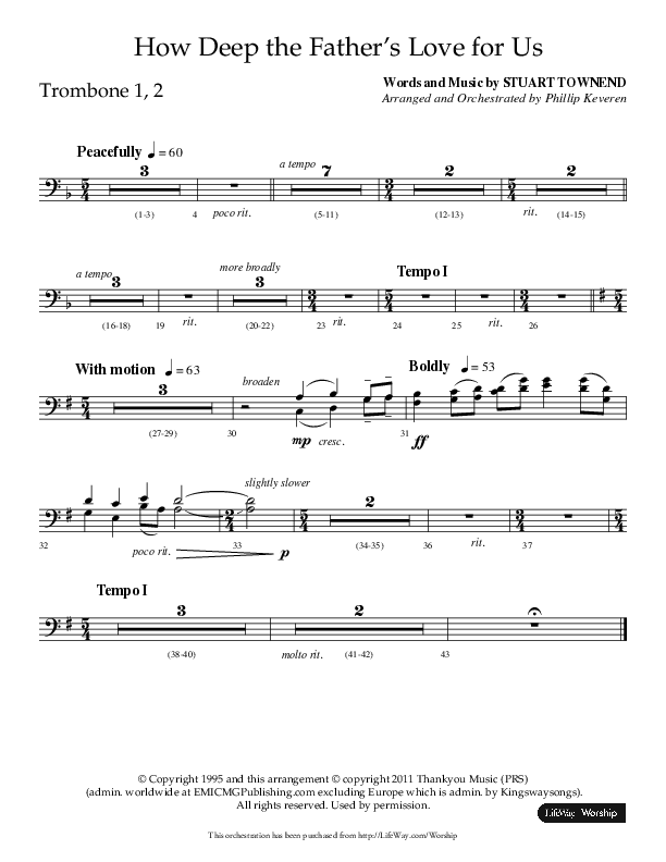 How Deep The Father's Love For Us (Choral Anthem SATB) Trombone 1/2 (Lifeway Choral / Arr. Philip Keveren)
