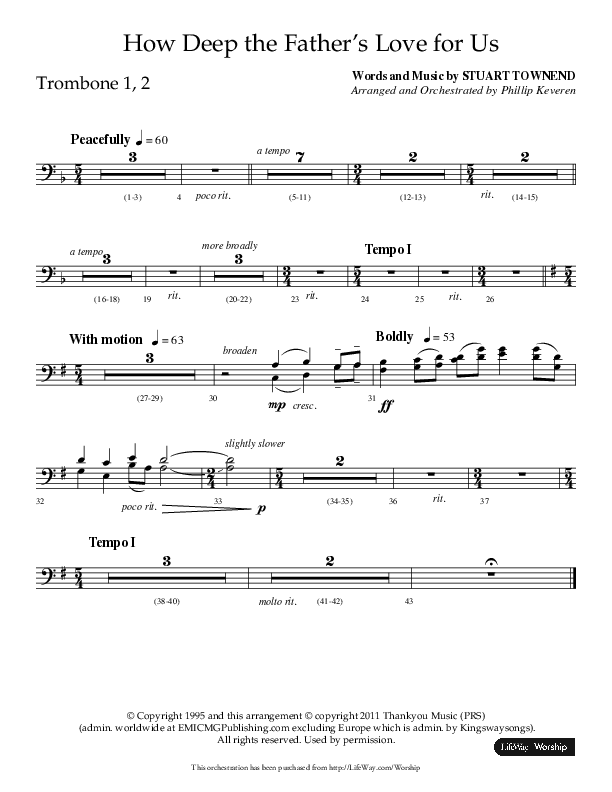 How Deep The Father's Love For Us (Choral Anthem SATB) Trombone 1/2 (Lifeway Choral / Arr. Phillip Keveren)