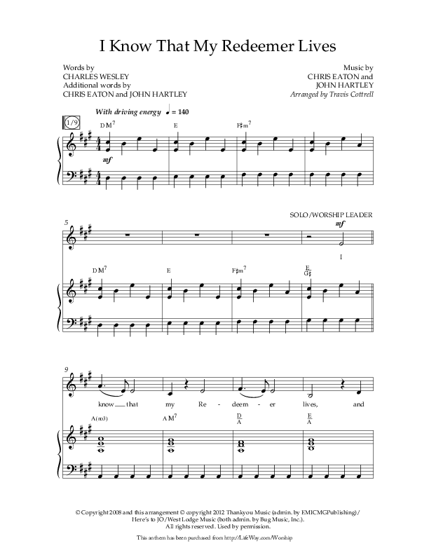 I Know That My Redeemer Lives (Choral Anthem SATB) Anthem (SATB/Piano) (Lifeway Choral / Arr. Travis Cottrell)