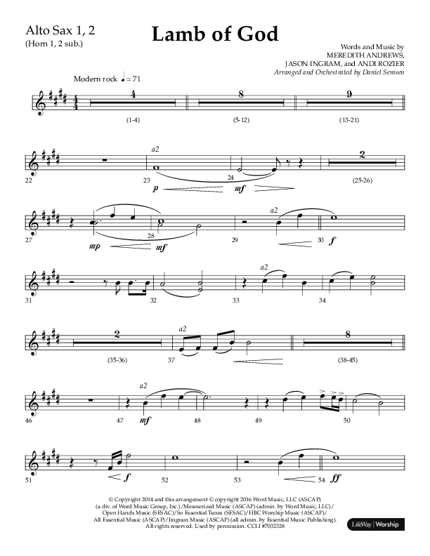 Lamb Of God (Choral Anthem SATB) Alto Sax 1/2 (Lifeway Choral / Arr. Daniel Semsen)