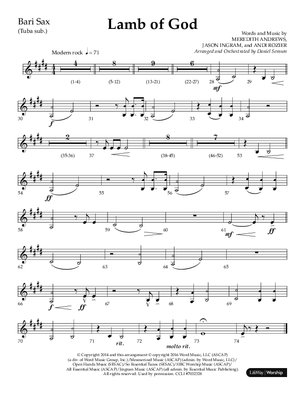 Lamb Of God (Choral Anthem SATB) Bari Sax (Lifeway Choral / Arr. Daniel Semsen)