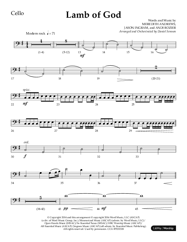 Lamb Of God (Choral Anthem SATB) Cello (Lifeway Choral / Arr. Daniel Semsen)