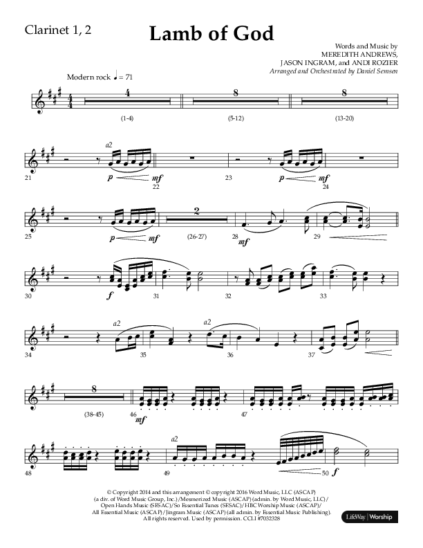 Lamb Of God (Choral Anthem SATB) Clarinet 1/2 (Lifeway Choral / Arr. Daniel Semsen)