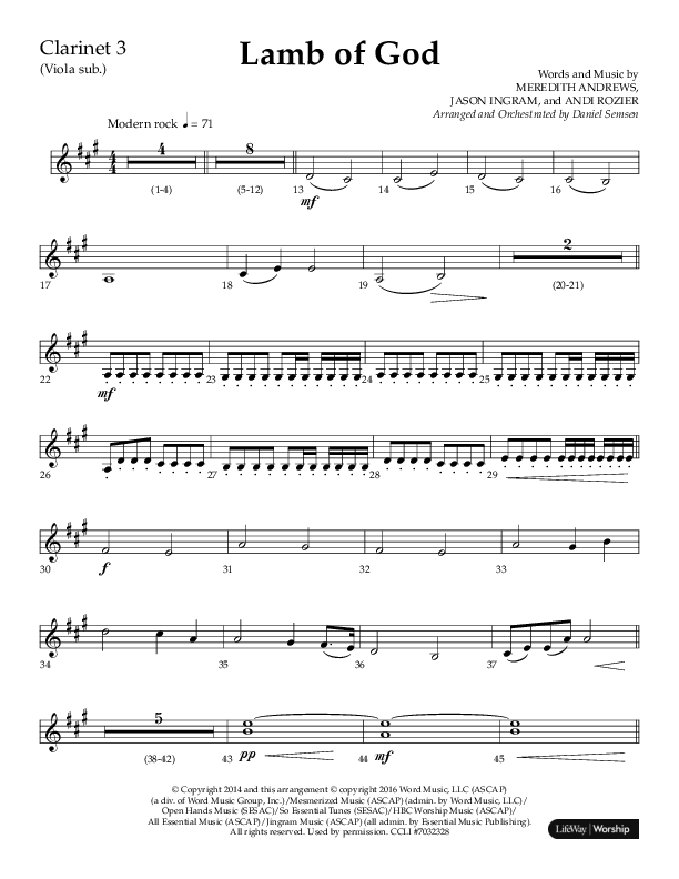 Lamb Of God (Choral Anthem SATB) Clarinet 3 (Lifeway Choral / Arr. Daniel Semsen)