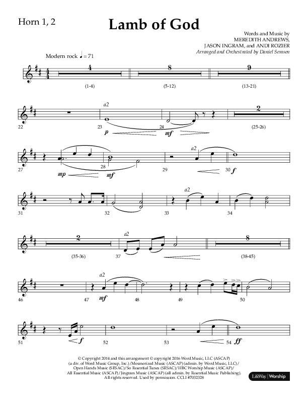 Lamb Of God (Choral Anthem SATB) French Horn 1/2 (Lifeway Choral / Arr. Daniel Semsen)