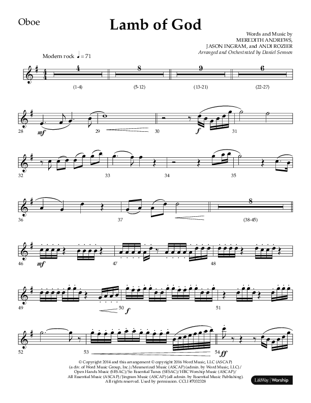 Lamb Of God (Choral Anthem SATB) Oboe (Lifeway Choral / Arr. Daniel Semsen)