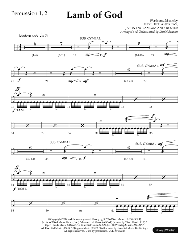 Lamb Of God (Choral Anthem SATB) Percussion 1/2 (Lifeway Choral / Arr. Daniel Semsen)