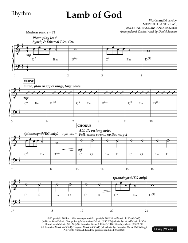 Lamb Of God (Choral Anthem SATB) Rhythm Chart (Lifeway Choral / Arr. Daniel Semsen)