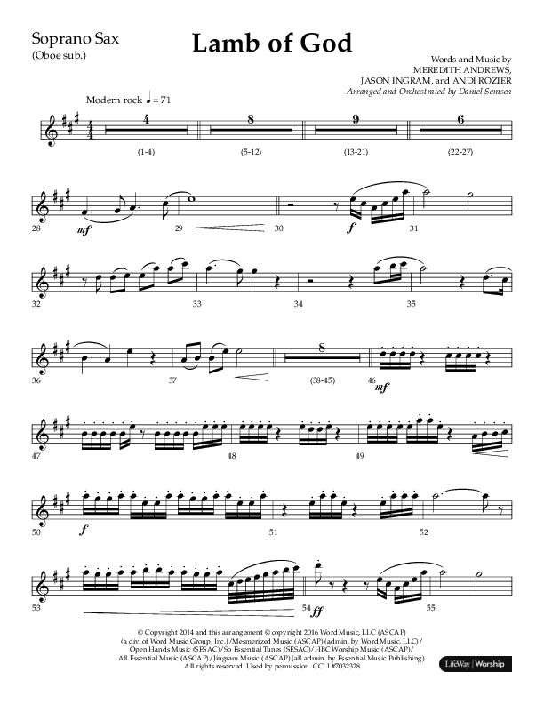 Lamb Of God (Choral Anthem SATB) Soprano Sax (Lifeway Choral / Arr. Daniel Semsen)