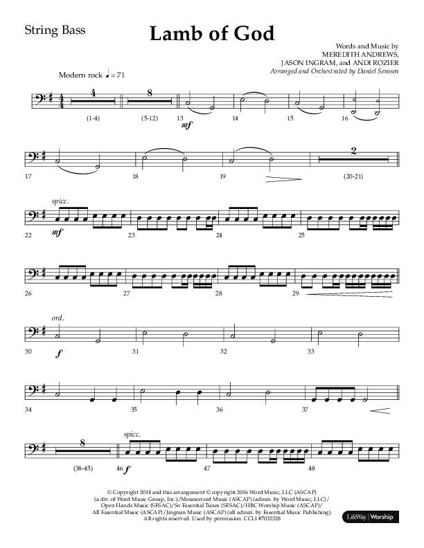 Lamb Of God (Choral Anthem SATB) String Bass (Lifeway Choral / Arr. Daniel Semsen)