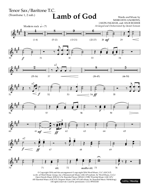 Lamb Of God (Choral Anthem SATB) Tenor Sax/Baritone T.C. (Lifeway Choral / Arr. Daniel Semsen)