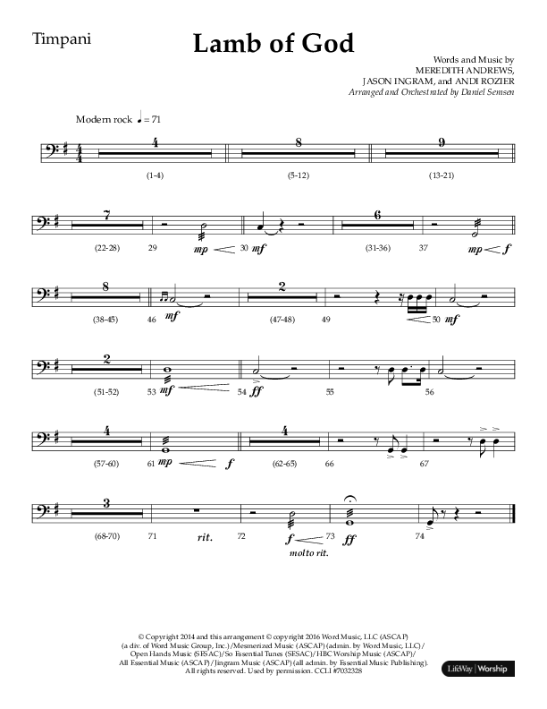 Lamb Of God (Choral Anthem SATB) Timpani (Lifeway Choral / Arr. Daniel Semsen)