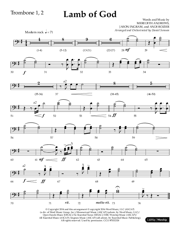 Lamb Of God (Choral Anthem SATB) Trombone 1/2 (Lifeway Choral / Arr. Daniel Semsen)