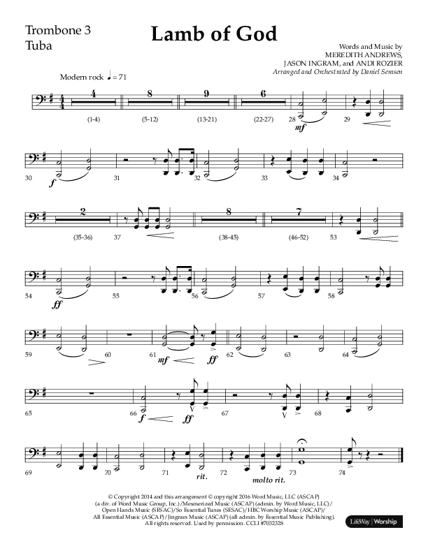 Lamb Of God (Choral Anthem SATB) Trombone 3/Tuba (Lifeway Choral / Arr. Daniel Semsen)