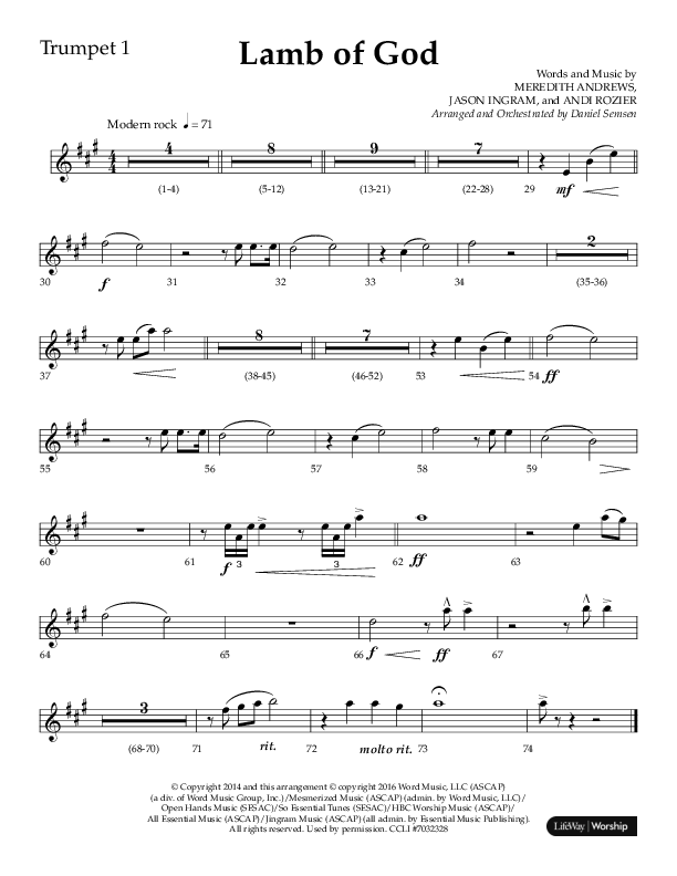 Lamb Of God (Choral Anthem SATB) Trumpet 1 (Lifeway Choral / Arr. Daniel Semsen)