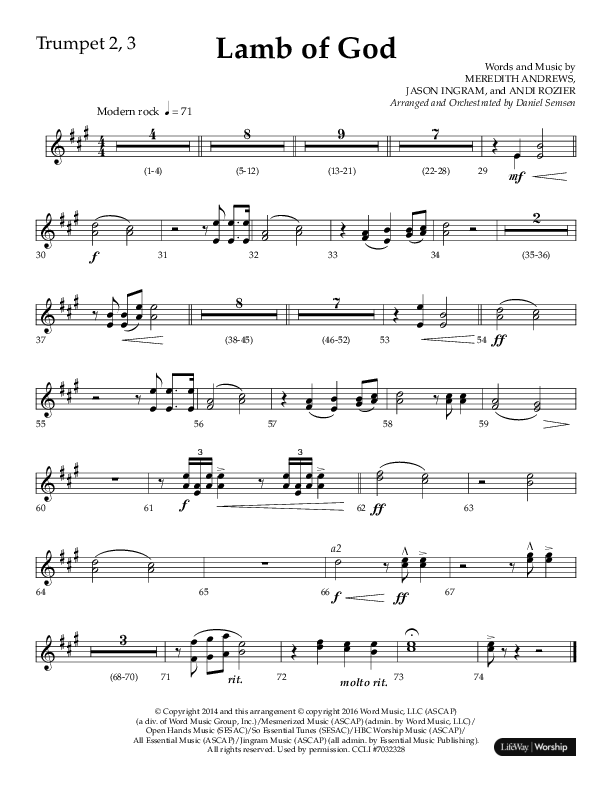 Lamb Of God (Choral Anthem SATB) Trumpet 2/3 (Lifeway Choral / Arr. Daniel Semsen)