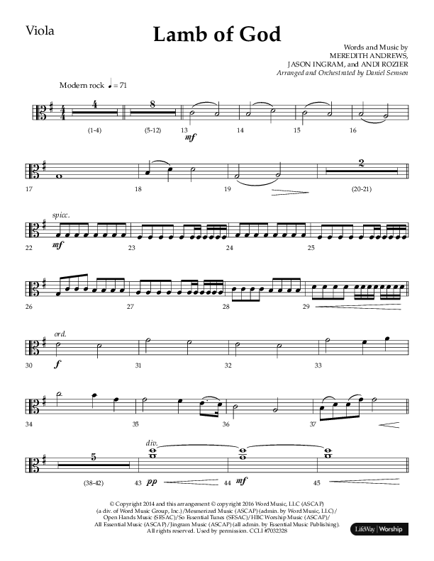 Lamb Of God (Choral Anthem SATB) Viola (Lifeway Choral / Arr. Daniel Semsen)