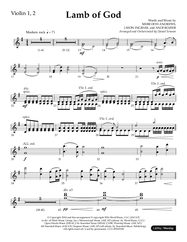 Lamb Of God (Choral Anthem SATB) Violin 1/2 (Lifeway Choral / Arr. Daniel Semsen)