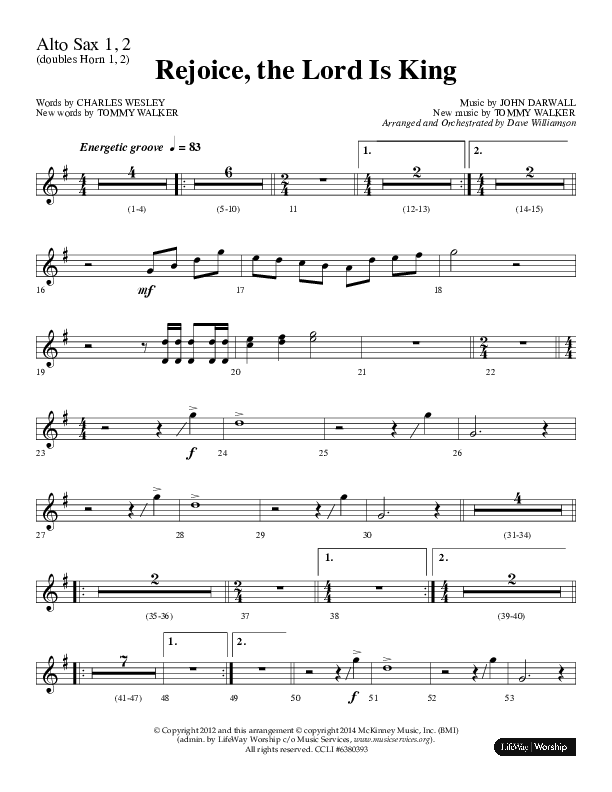 Rejoice The Lord Is King (Choral Anthem SATB) Alto Sax 1/2 (Lifeway Choral / Arr. Dave Williamson)