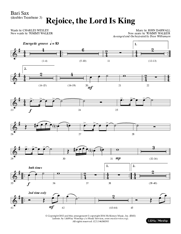 Rejoice The Lord Is King (Choral Anthem SATB) Bari Sax (Lifeway Choral / Arr. Dave Williamson)