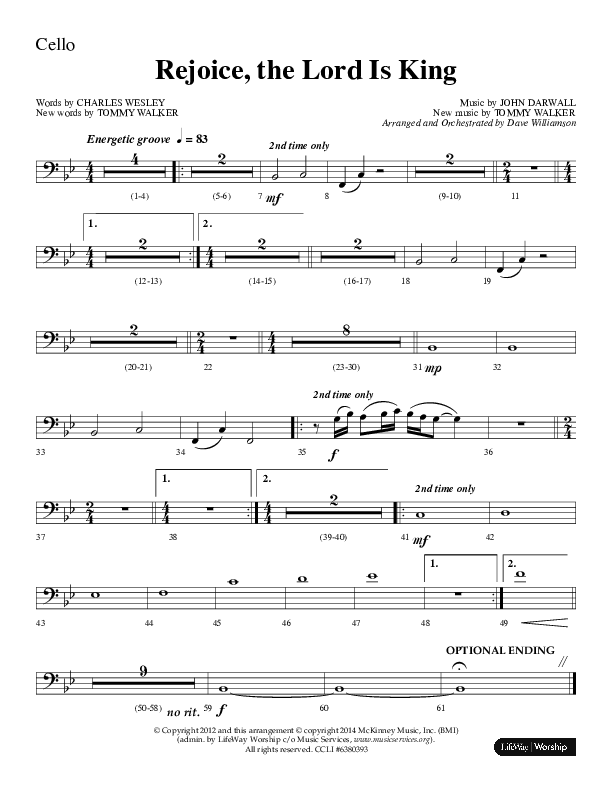 Rejoice The Lord Is King (Choral Anthem SATB) Cello (Lifeway Choral / Arr. Dave Williamson)